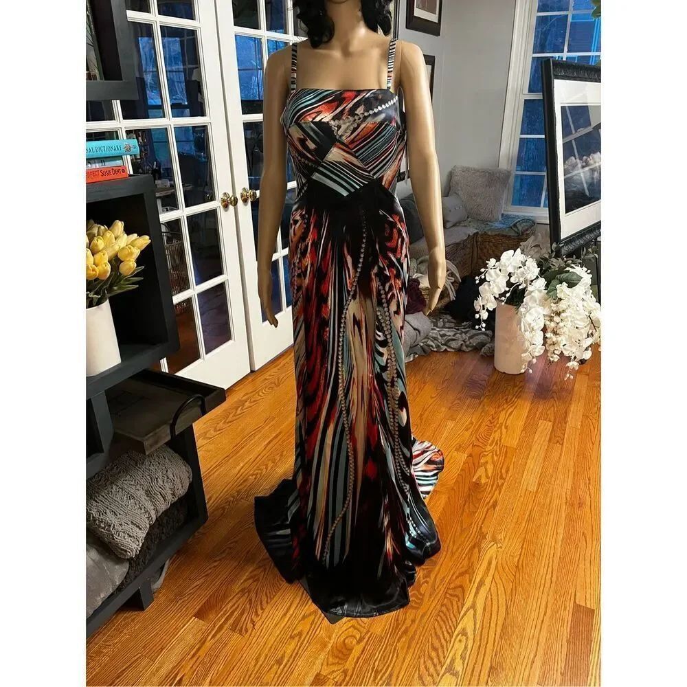 Jovani Red & Turquoise String of Pearls Fishtail Spaghetti Strap Gown Formal Pro
